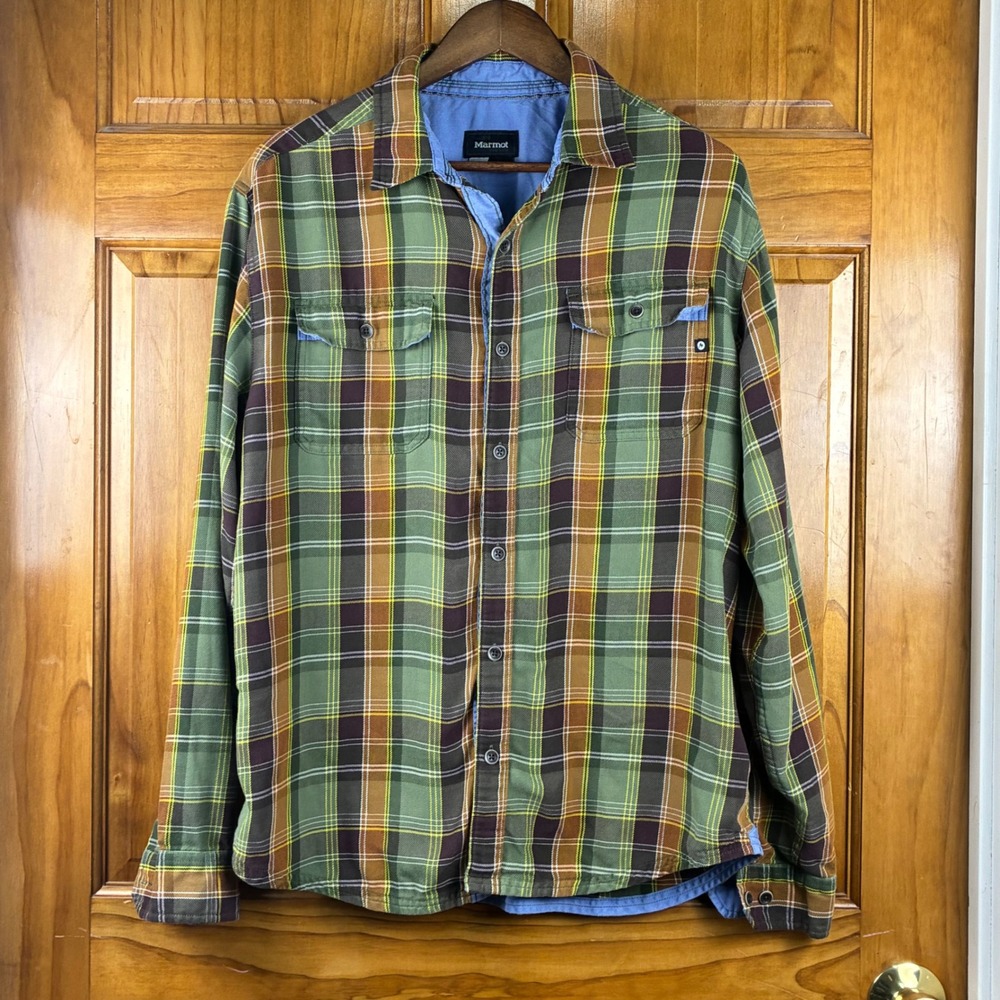 Marmot Plaid Long Sleeve Button Up Shirt Mens Large Green Brown Flannel Style L